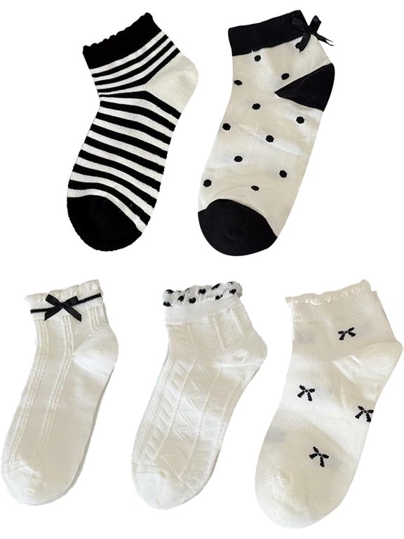 Women's 5 Pairs Boho Bow Embroidered Mid Calf Sock Cute Ruffle Athletic Running Crew Socks