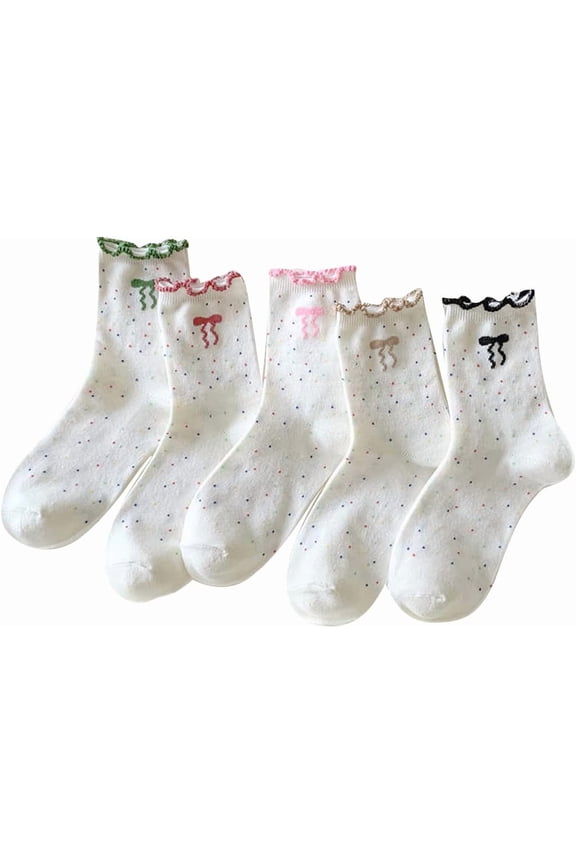 Women's 5 Pairs Boho Bow Embroidered Mid Calf Sock Cute Ruffle Athletic Running Crew Socks