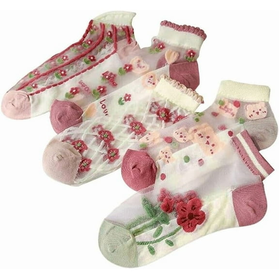YooGuoGuo Women's 5 Pairs Cute Sheer Mesh Socks Transparent Floral Striped Crew Socks