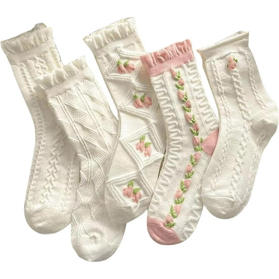 YooGuoGuo Women's 5 Pairs Ruffle Socks Floral Print Textured Crew Socks