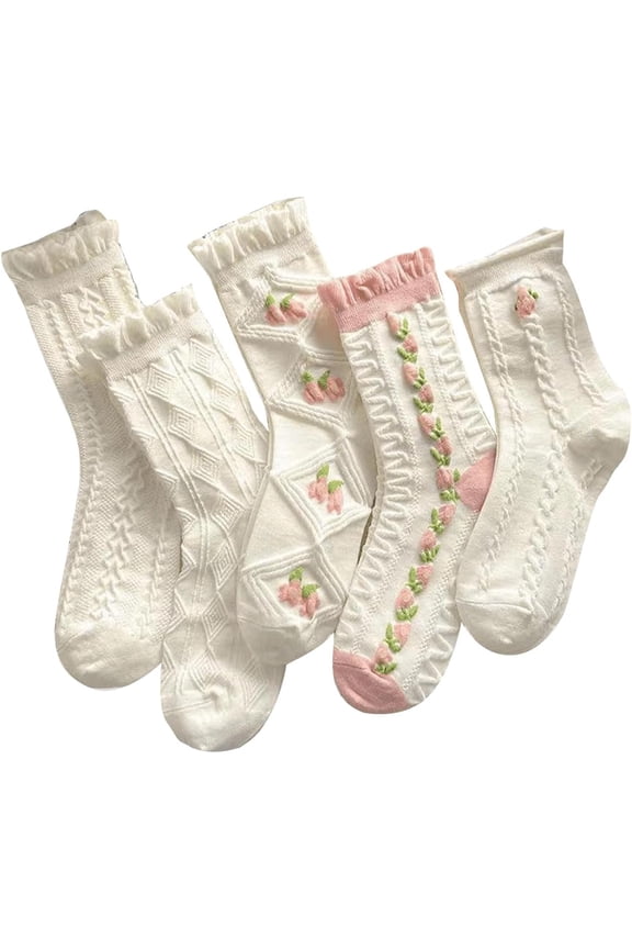 Women's 5 Pairs Ruffle Socks Floral Print Textured Crew Socks