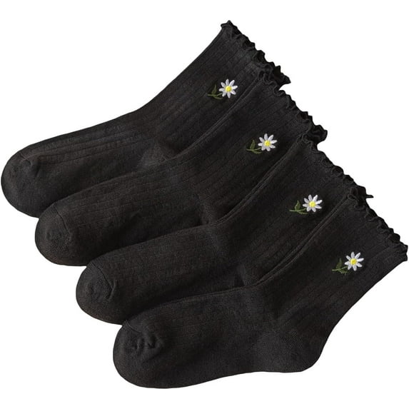 YooGuoGuo Women's 8 Pairs Floral Embroidery Lettuce Trim Cushioned Crew Socks