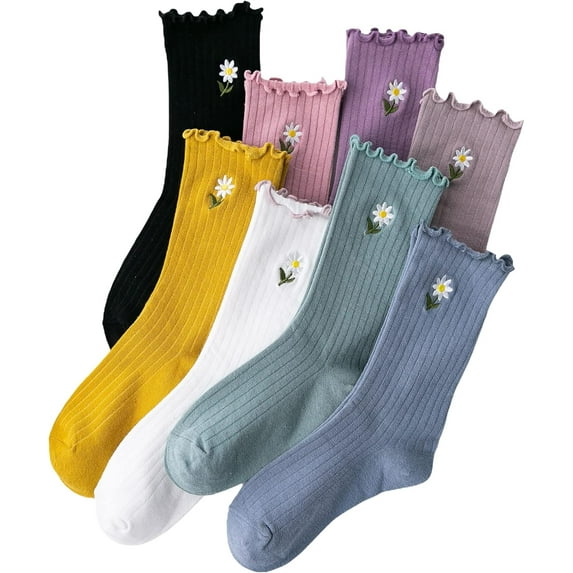 YooGuoGuo Women's 8 Pairs Floral Embroidery Lettuce Trim Cushioned Crew Socks