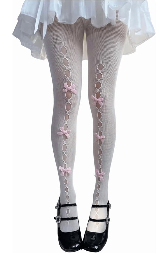 Women's Bow Cut Out Fishnet Tights Mesh High Waist Stockings Pantyhose