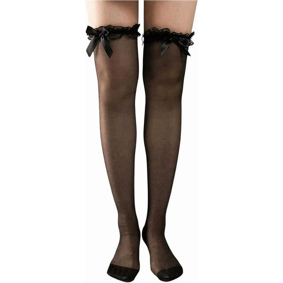 YooGuoGuo Women's Bow Thigh High Mesh Stockings Lace Top Sheer Tights