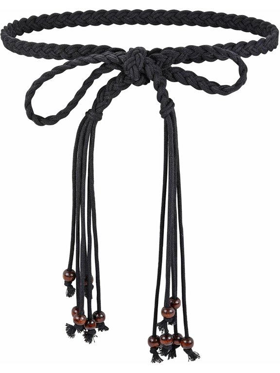 Women's Braided Rope Belt Boho Handwoven tie Waist Belt for Dresses Fringe Waistband with Beads
