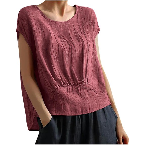 YooGuoGuo Women's Casual Solid Color Pleated Shirts Loose Fit Cap Sleeve Round Neck Blouse Fashion Lightweight Vacation Tee Top