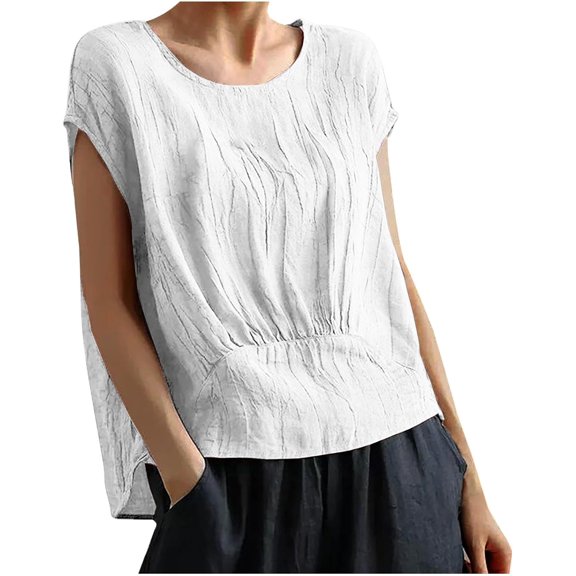 YooGuoGuo Women's Casual Solid Color Pleated Shirts Loose Fit Cap Sleeve Round Neck Blouse Fashion Lightweight Vacation Tee Top