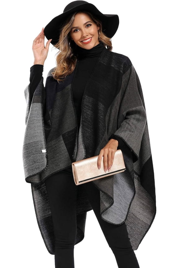 Women's Color Block Shawl Wrap Plus Size Cardigan Poncho Cape Open Front Long Winter Sweater Coat