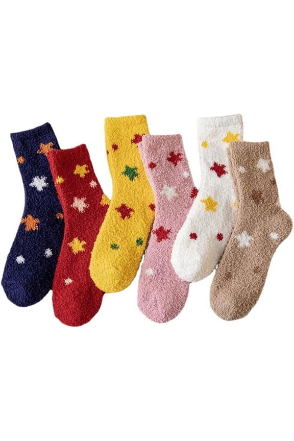 Women's Coquette Stars Fuzzy Socks 6 Pairs Cozy Kawaii Slipper Socks Cute Home Sleep Socks Fairycore Preppy Socking