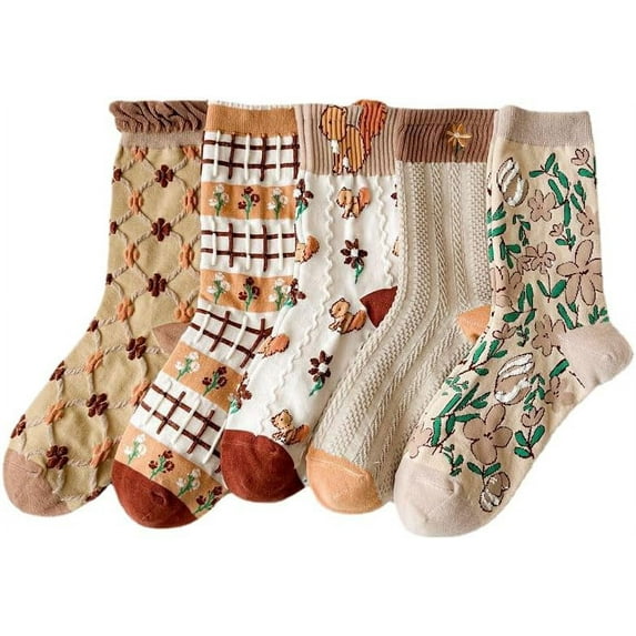 YooGuoGuo Women's Cottagecore Flower Socks 5Pairs Kawaii Preppy Crew Socks Cute Lace Ankle Socking Coquette Casual Socks