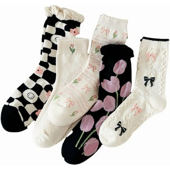 YooGuoGuo Women's Cottagecore Flower Socks 5Pairs Kawaii Preppy Crew Socks Cute Lace Ankle Socking Coquette Casual Socks