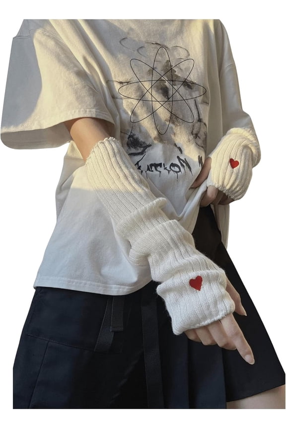 Women's Heart Knit Arm Warmers Y2k Arm Sleeves Fingerless Gloves
