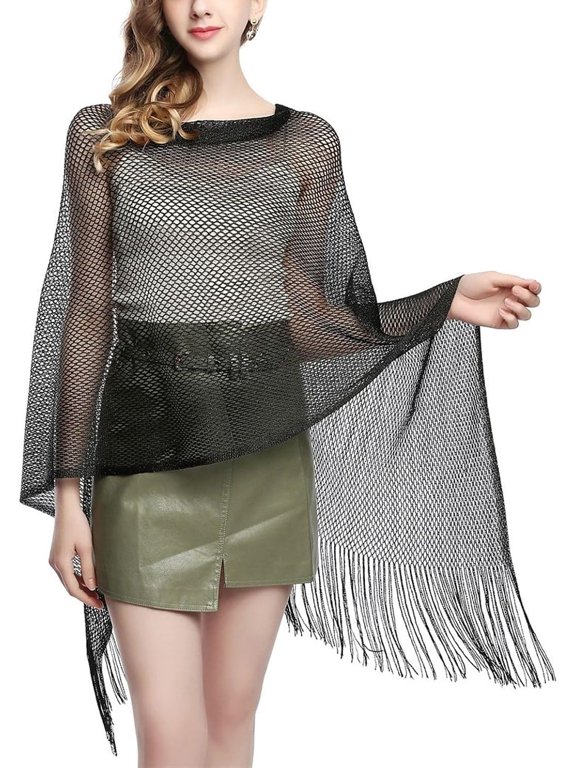 Women's Knit Shawl Wrap Metallic Fringe Poncho Sheer Fishnet Cape Top Soft Long Loose Swing Summer Beach Capelet