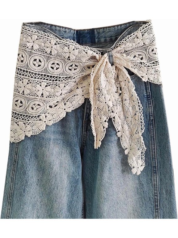 Women's Lace Floral Triangle Scarf Head Kerchief Tie Waist Belt Sheer Hip Wrap Boho Head Scarfs Hair Accessory