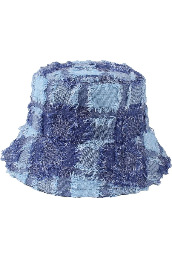 Women's Plaid Print Raw Trim Denim Bucket Hats Outdoor Fishing Caps