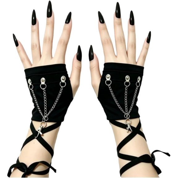 YooGuoGuo Women's Punk Chain Decors Fingerless Gloves Dark Gothic Y2K Subculture Arm Warmers Cosplay Black Wrap Straps Sleeve