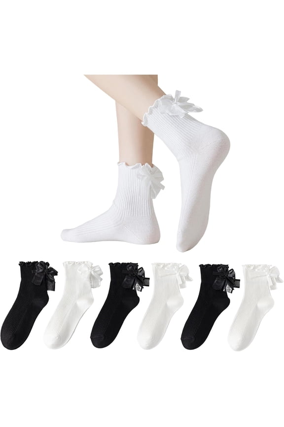 Women's Ruffle Socks,Casual Bow Tie Cute Ankle Socks Warm Knit Cotton Frilly White Socks for Women 6 Pack