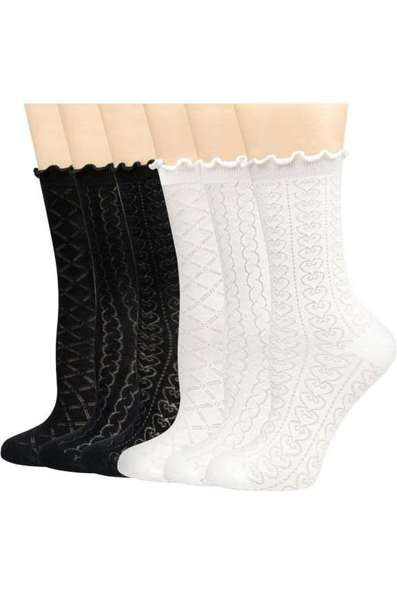 Women's Ruffle Socks Mesh Casual Lace Cotton Crew Socks Summer Ultra Thin Cool Frilly Ankle Socks for Women 6 Pairs