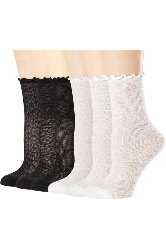 Women's Ruffle Socks Mesh Cool Casual Lace Cotton Crew Summer Ultra Thin Frilly Ankle Socks for Women 6 Pairs