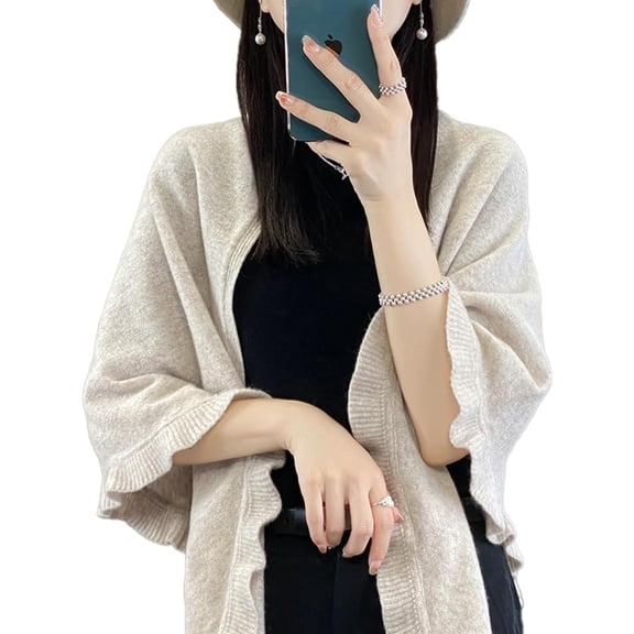 YooGuoGuo Women's Ruffle Trim Knit Open Front Poncho Cape Shawl Cozy and Stylish Wraps LightWeight Pashmina Scarf for Cold Weather