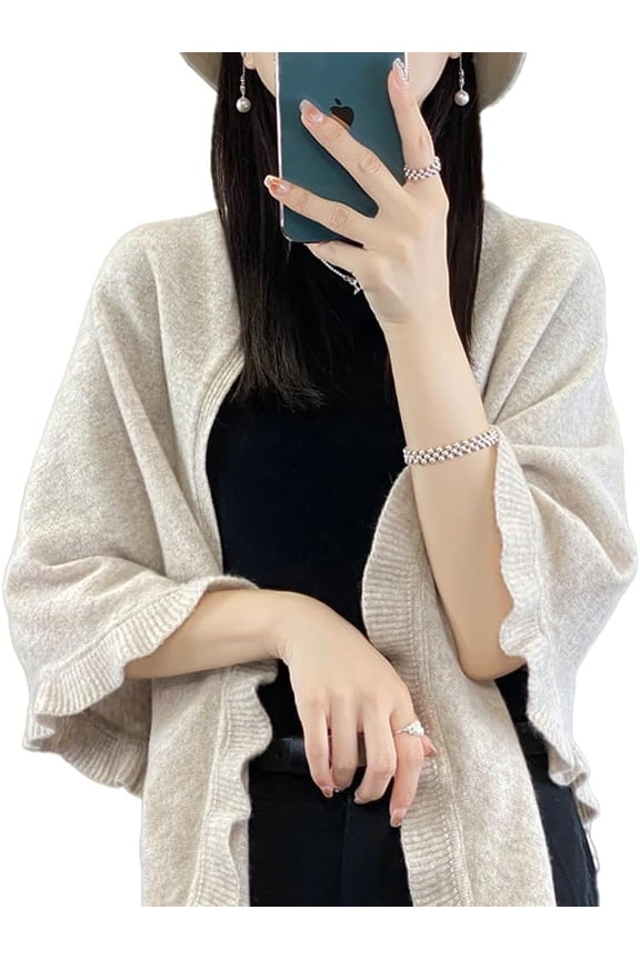 Women's Ruffle Trim Knit Open Front Poncho Cape Shawl Cozy and Stylish Wraps LightWeight Pashmina Scarf for Cold Weather