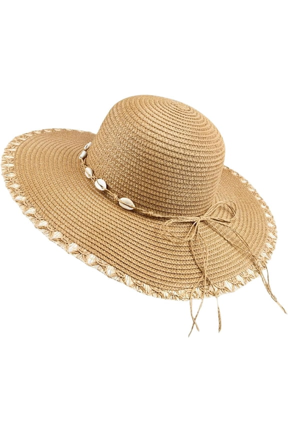 Women's Scalloped Wide Brim Straw Sun Hats Boho Beaded Beach Hat