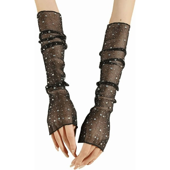 YooGuoGuo Women's Sheer Mesh Rhinestone Gloves Fingerless Elbow Length Arm Sleeves Black One-Size