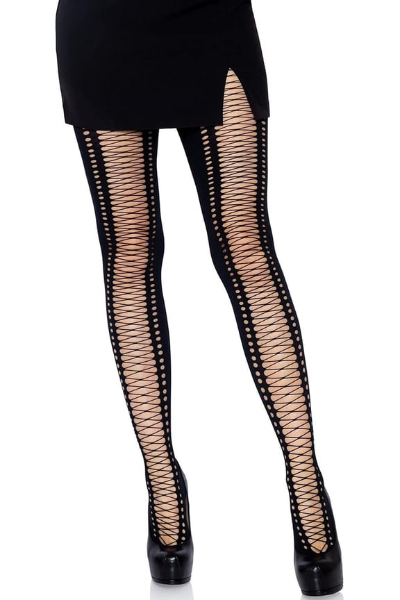 Women's Spandex Seamless Opaque Faux Lace-Up Tights, Black, One Size