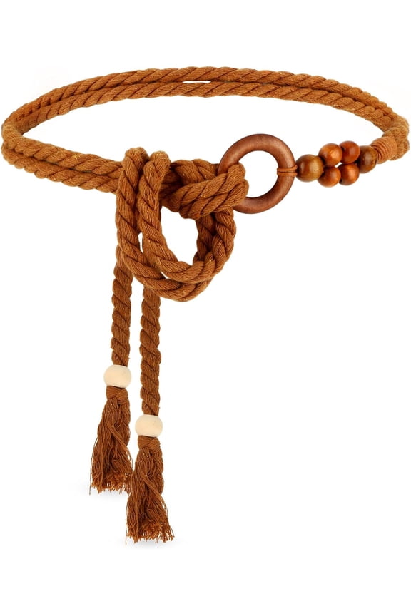 Women's Tassel Braided Waist Belt, Skinny Woven Belt for Dress Waist Belt Rope Chain with Woven Wooden Beads