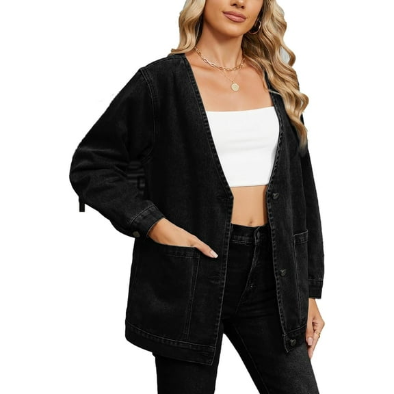 YooGuoGuo Women's V-neck Denim Jacket Long Sleeve Jackets Casual Button Jean Coat with Pockets