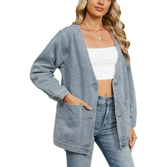 YooGuoGuo Women's V-neck Denim Jacket Long Sleeve Jackets Casual Button Jean Coat with Pockets