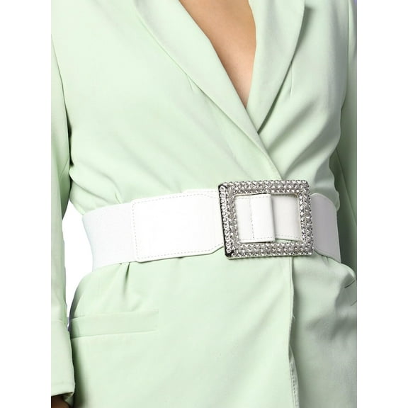 YooGuoGuo Women's Wide Elastic Waist Belt for Dresses - Fashion Silver Rhinestone Buckle Belts Stretchy Leather Waistband for Ladies S/M