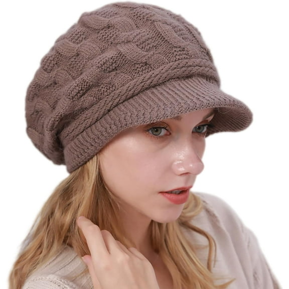 YooGuoGuo Womens Beret Beanie Hat with Visor Brim Winter Warm Knitted Cap Slouchy Ski Hat Outdoor
