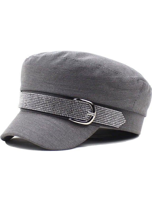 Womens Bling Rhinestone Newsboy Fiddler Cap Casual Black Baker Boy Hats with Chain for Fashion Ladies