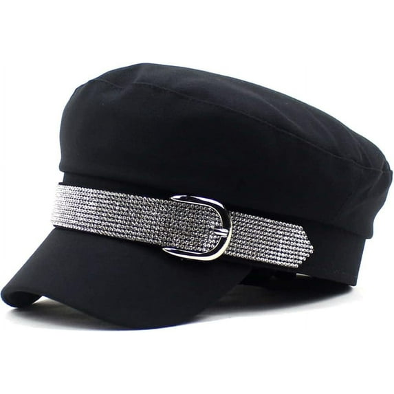 YooGuoGuo Womens Bling Rhinestone Newsboy Fiddler Cap Casual Black Baker Boy Hats with Chain for Fashion Ladies