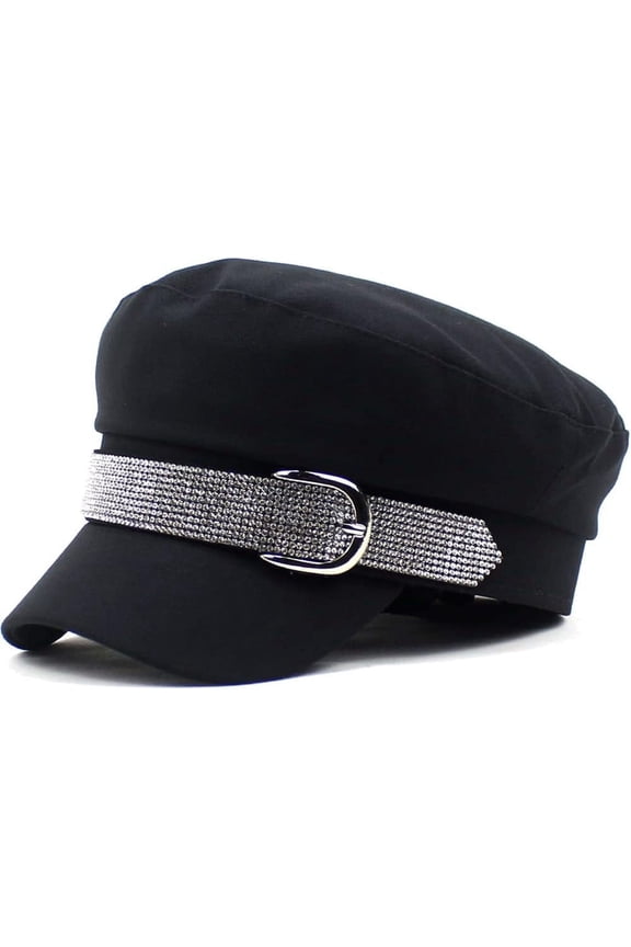 Womens Bling Rhinestone Newsboy Fiddler Cap Casual Black Baker Boy Hats with Chain for Fashion Ladies