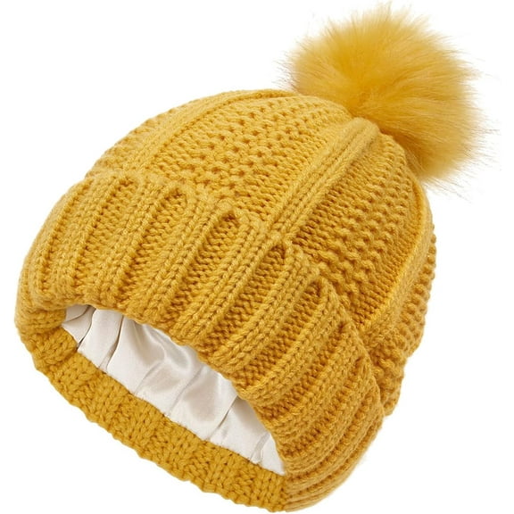 YooGuoGuo Womens Corchet Knit Beanie Hats with Pompom Slouchy Chunky Satin Lined Skull Caps Elastic Winter Warm Stocking Caps