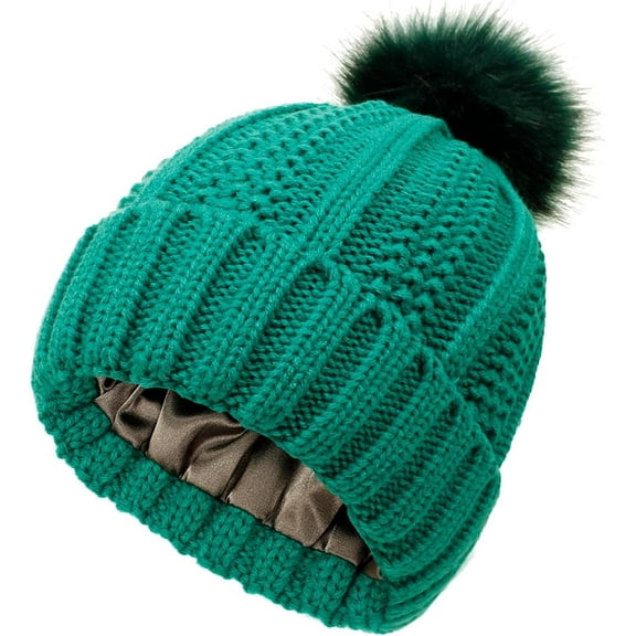 YooGuoGuo Womens Corchet Knit Beanie Hats with Pompom Slouchy Chunky Satin Lined Skull Caps Elastic Winter Warm Stocking Caps