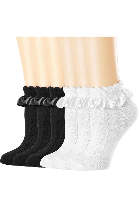 Womens Crew Socks Lace Ruffle Frilly Cotton Cute Princess Ankle Dress Socks for Girl 6 Pack