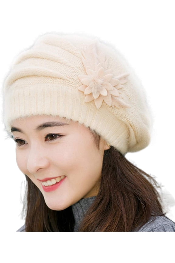 Womens Fall Winter Soft Floral Beanie Hats Chunky Solid Color Windproof Skull Caps Cable Knit Slouchy Stocking Hat