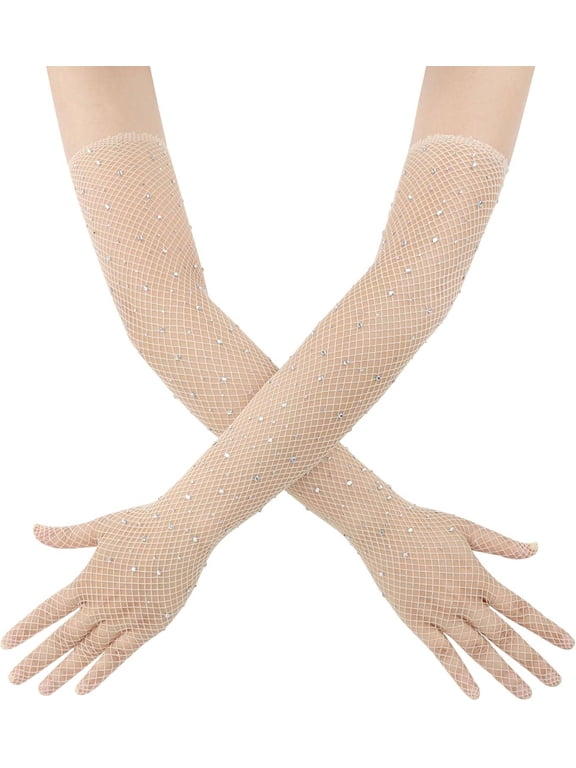 Womens Rhinestone Fishnet Gloves, Long Mesh Opera Gloves for Party Costume