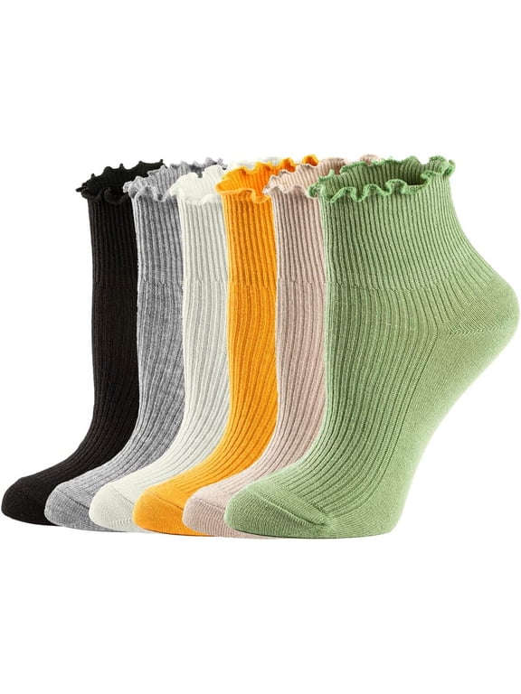 Womens Socks, Ruffle Turn-Cuff Casual Ankle Breathable Cool Knit Cotton Lettuce Crew Frilly Sock 6 Pack
