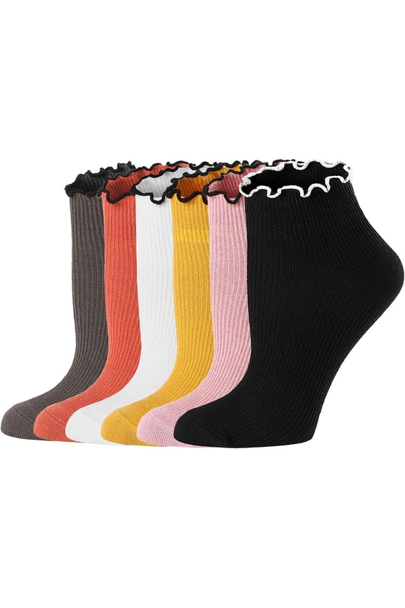 Womens Socks, Ruffle Turn-Cuff Casual Ankle Breathable Cool Knit Cotton Lettuce Crew Frilly Sock 6 Pack