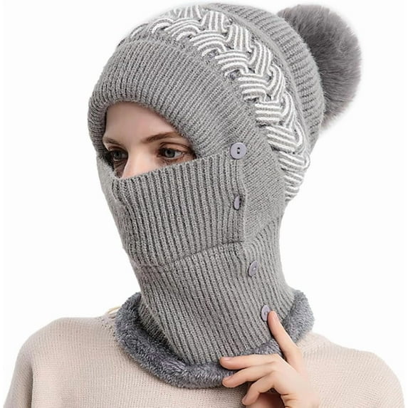 YooGuoGuo Womens Winter Pompom Beanie Hat Scarf Face Mask Set Warm Fleece Lined Knit Hooded Scarf Balaclava Neck Warmer Skull Cap