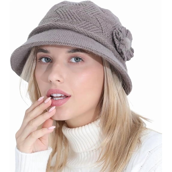 YooGuoGuo Wool Knit Bucket Hat for Women Vintage Elegant Floral Cloche Fleece Lined Warm Winter Caps for Cold Weather Gift