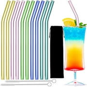 YooYuuk Reusable Bent Straws with Cleaning Brush, Glass Mixed Colors, 8 Inch, 10 Pieces