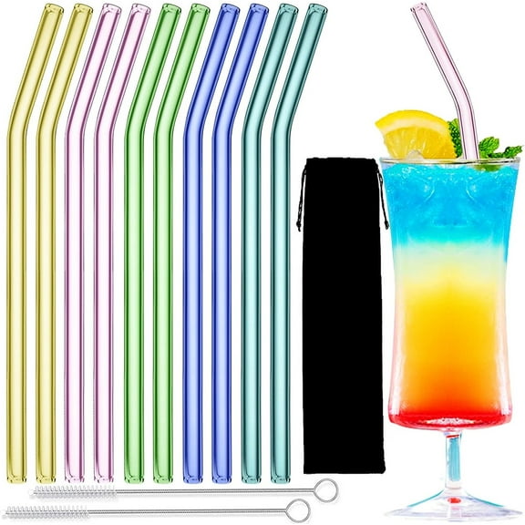 YooYuuk Reusable Bent Straws with Cleaning Brush, Glass Mixed Colors, 8 Inch, 10 Pieces