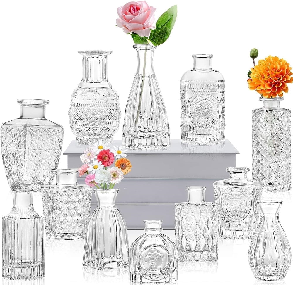 YooYuuk Vintage Etched Glass Bud Vases, Set of 12