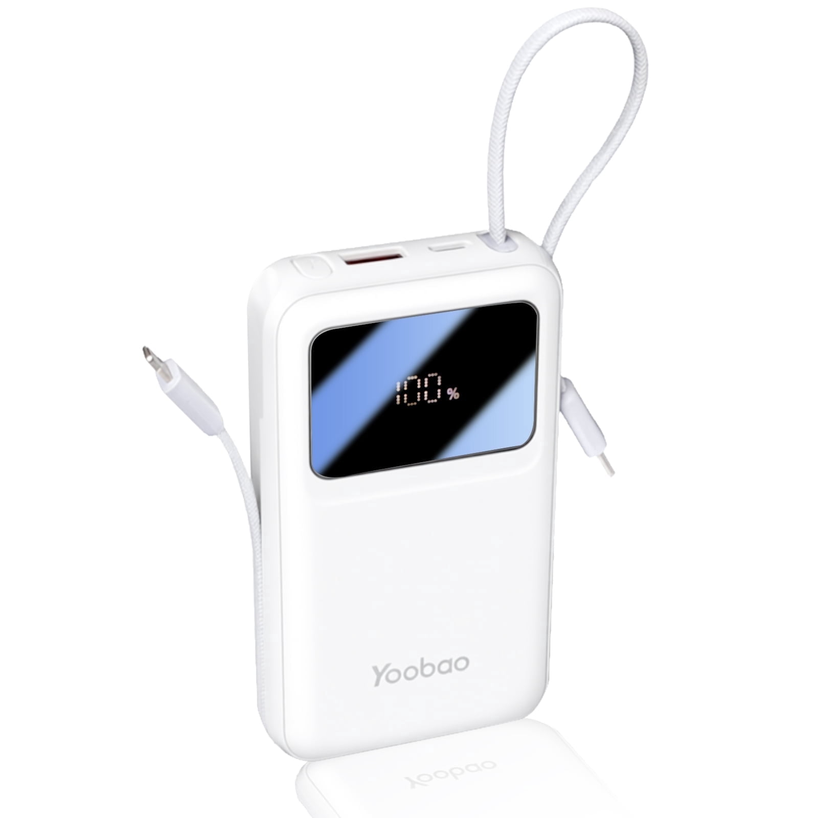 Yoobao Mini Power Bank PD20W Fast Charging with LED Display, 10000mAh USB-C in&Out Portable Charger with Built-in 2 Cables, 4 Outputs Travel Battery Pack for iPhone 16 15 Samsung iPad, White